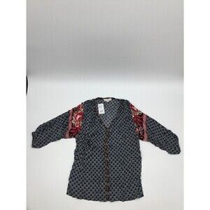 Weekend Suzanne Betro 3/4 Sleeve Navy & White Floral V-Neck Top size Large